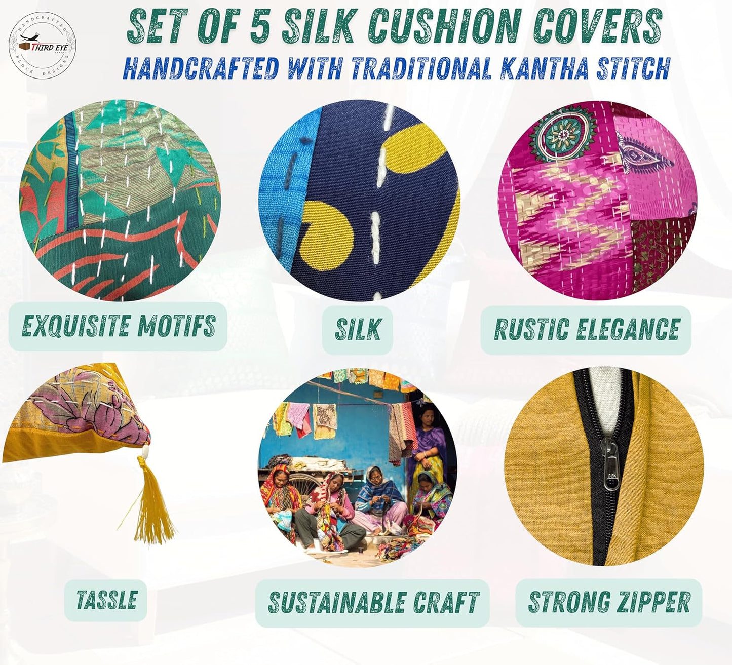 Set Of 5 Boho Throw Pillow Covers - Silk Decorative Cushions For Sofa, Couch, And Bed – Bohemian, Indian & Moroccan Inspired Home DéCor For Living Room (Silk Patch Cushion Cover, 18X18 Inches)