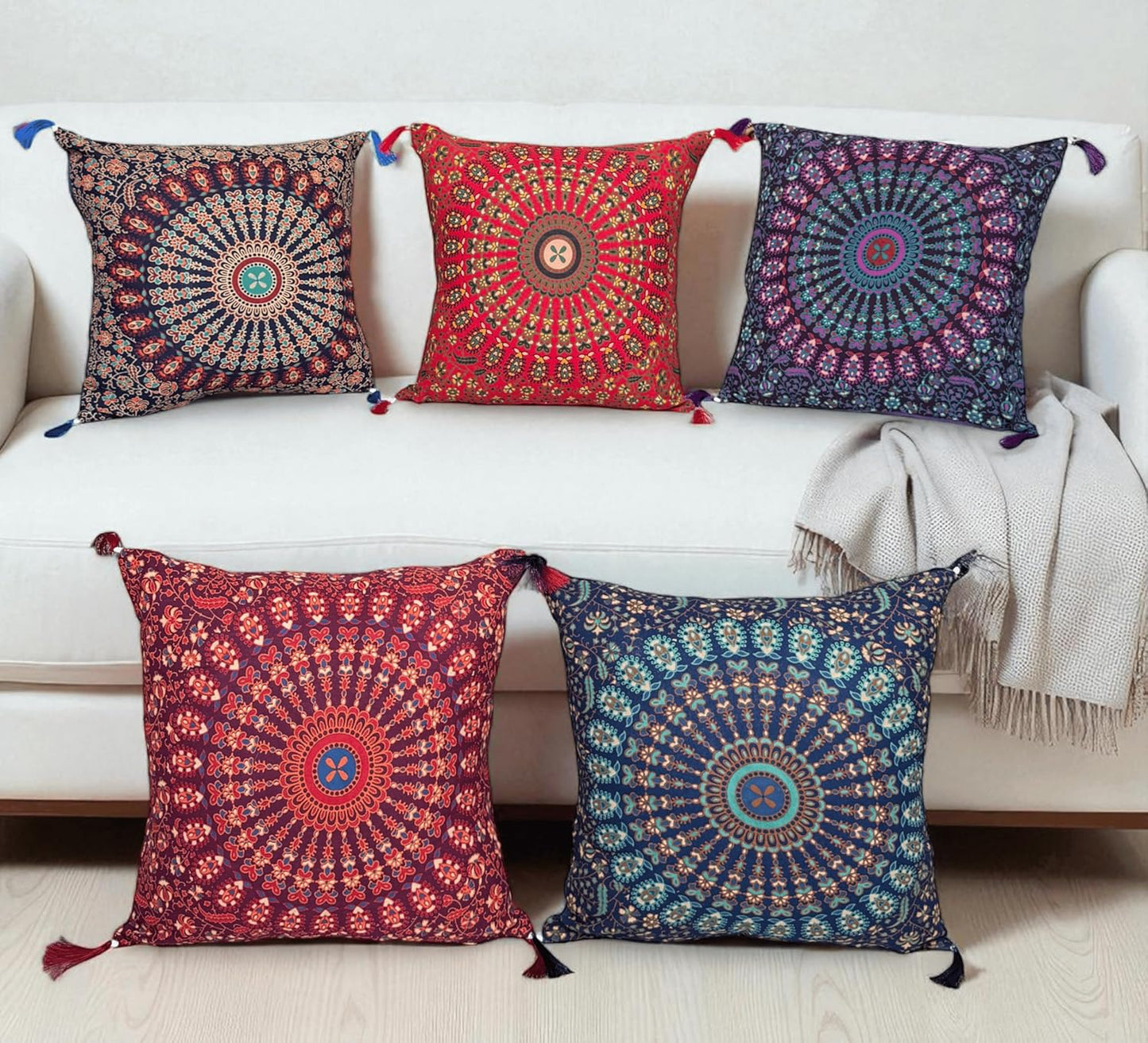 Set Of 5 Boho Throw Pillow Covers - Silk Decorative Cushions For Sofa, Couch, And Bed – Bohemian, Indian & Moroccan Inspired Home DéCor For Living Room (Silk Patch Cushion Cover, 18X18 Inches)