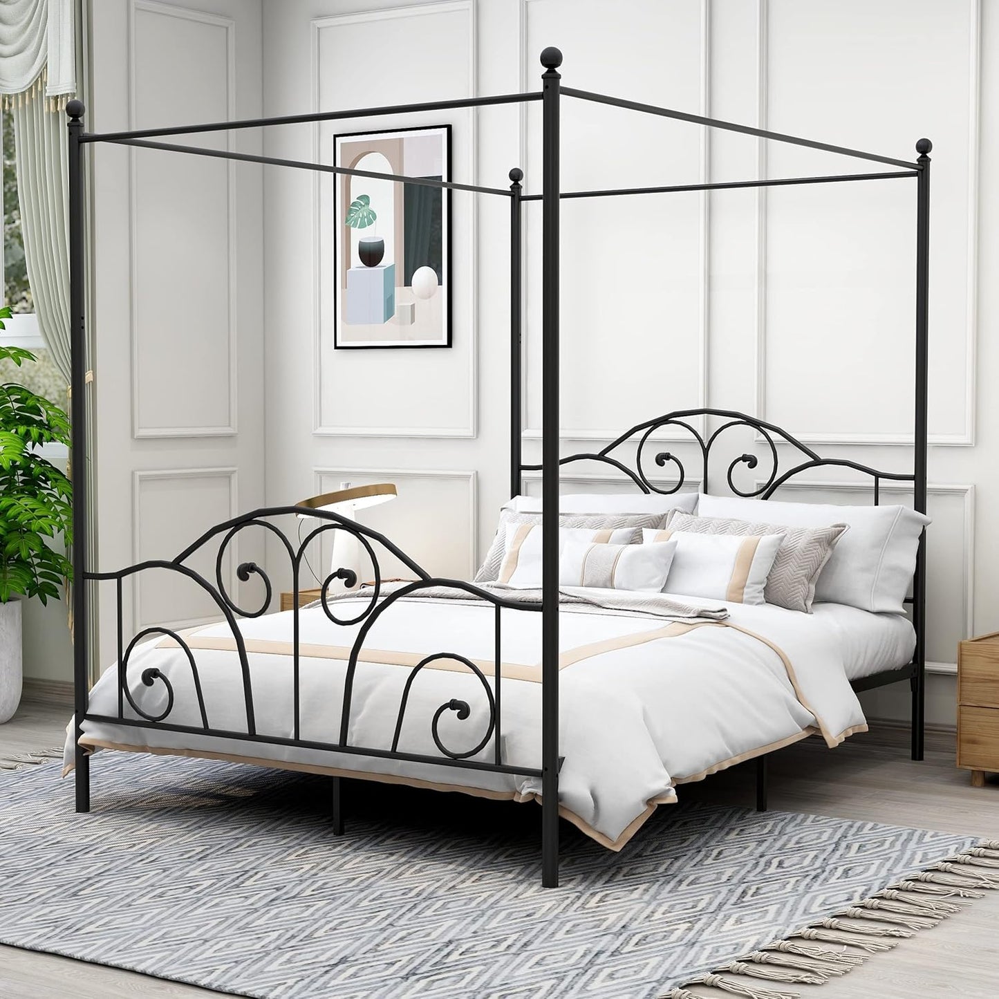 Full Size Four-Poster Metal Canopy Bed Frame with Headboard and Footboard Sturdy Slatted Structure No Box Spring Needed Black